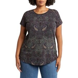 NWOT LUCKY BRAND Top 3X Paisley Slit-Back Purple-Blue Curve-Hem Short-Sl Stretch